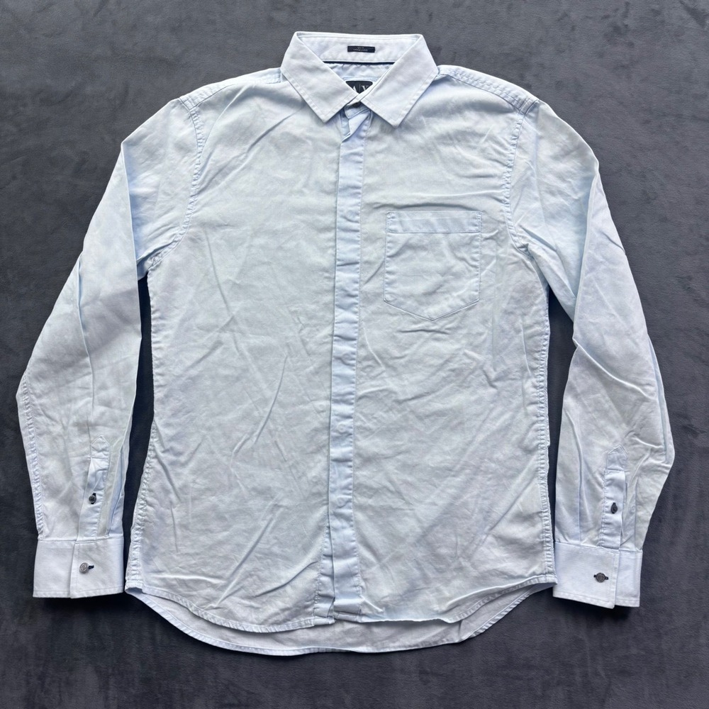 Armani Exchange Mens Slim Fit Button Down Shirt Light Blue Textured Large